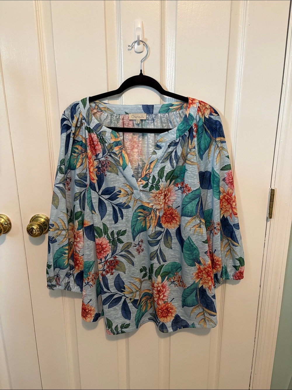 Chenault Light Blue Floral Tunic with Green and Orange Blooms